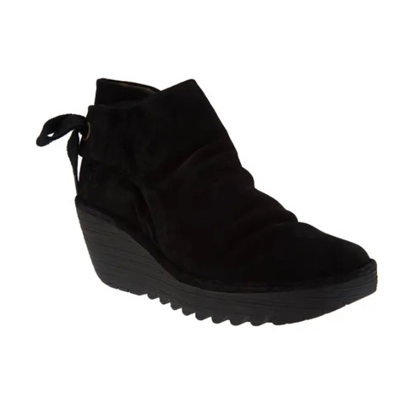 FLY London Yebi Black Suede Ruched Back Tie Detail Ankle Wedge Booties - Picture 1 of 15